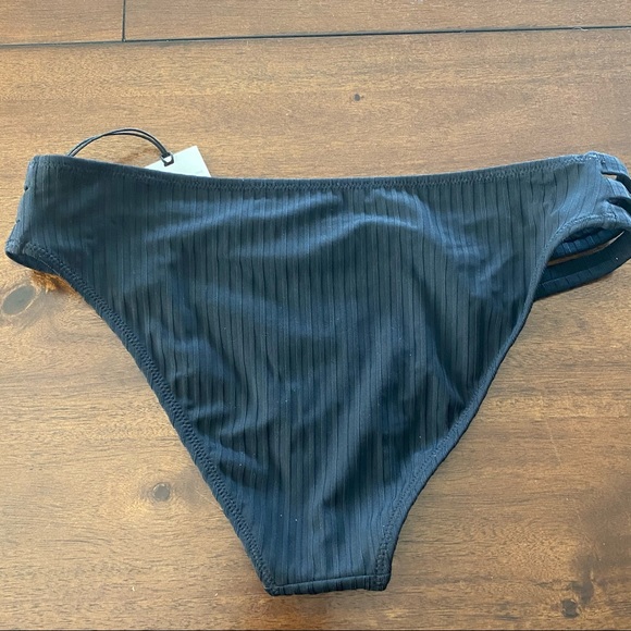 Ribbed Strappy Side Cheeky Black Bikini Bottom - Picture 4 of 7